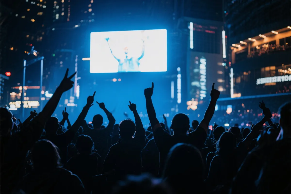 Fan Zone 夜间巨屏前人群剪影与欢呼表情，强烈光比的纪实摄影氛围