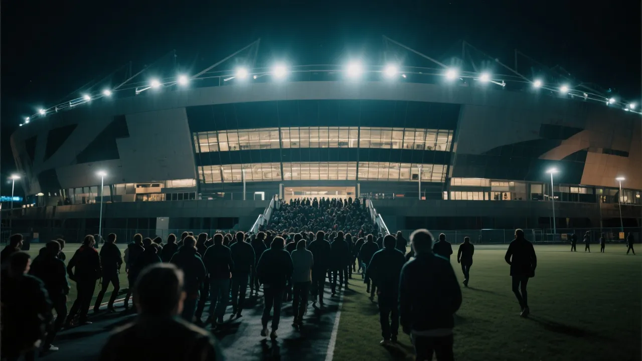 夜晚的足球场外观与人潮，灯光照亮通道，比赛散场氛围